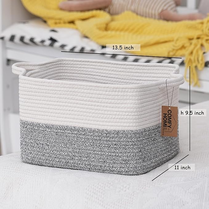 COMFY-HOMI 3-Pack Cotton Rope Woven Basket with Handles for Shelves, Book, Cloth Basket|Dog Toy Basket for Organizingy|13.5" x 11" x 9.5" for Bedroom（White/Grey）