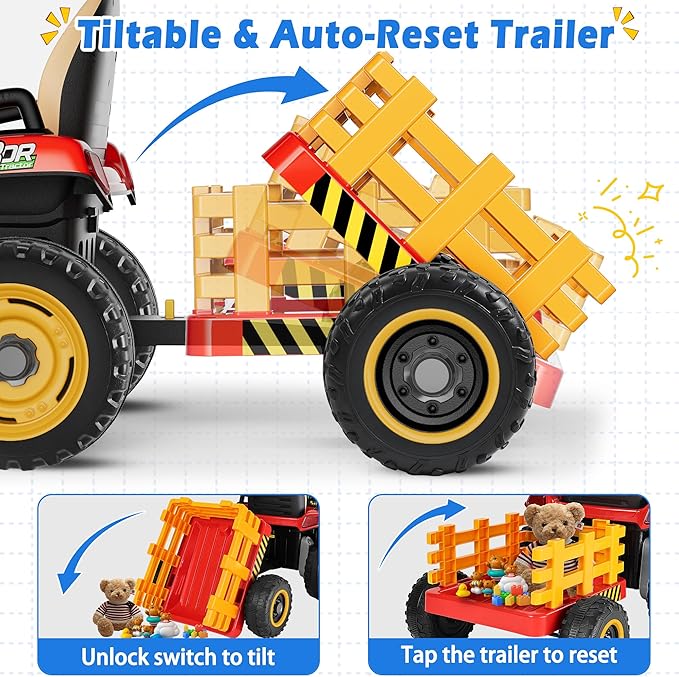 24V Ride On Tractor w/Tiltable & Detachable Trailer, 2x65W Motors, EVA Tires, Remote Control, Bluetooth, Shifter, Music, Electric Car for Kids Ages 2-5, Red