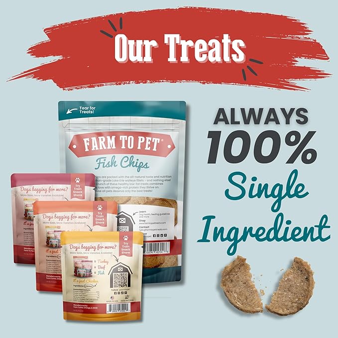 Farm To Pet - Puppy Packs 'N Snacks Dog Treat Starter Pack - Fish 4oz + 1 Chicken & 1 Beef & 1 Turkey Snack Pack - Single Ingredient Training Treats, All Natural, Lean for Small, Medium, Large Breeds