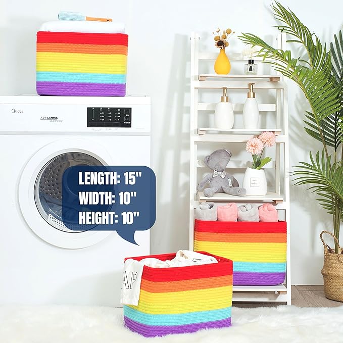 MINTWOOD Design 3-Pack Storage Baskets for Shelves, Playroom and Classroom, Book Basket, Decorative Storage Cube Bins, Woven Closet Organizers, Pantry and Shoe Organizer, Rainbow