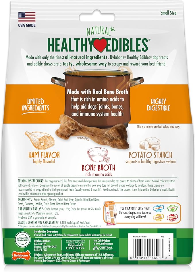 Nylabone Healthy Edibles Broth Bone Natural Dog Chews Long Lasting Treats Ham Flavor Small/Regular - Up to 25 Ibs. (16 Count)