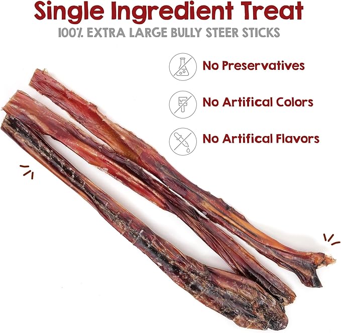 Riley's Steer Bully Sticks for Large to XL Dog Breeds - Odor Free, Single Ingredient Treat - Easily Digestible, 100% Beef Pizzle Sticks for Dogs - 12", 5ct (Pack of 2)