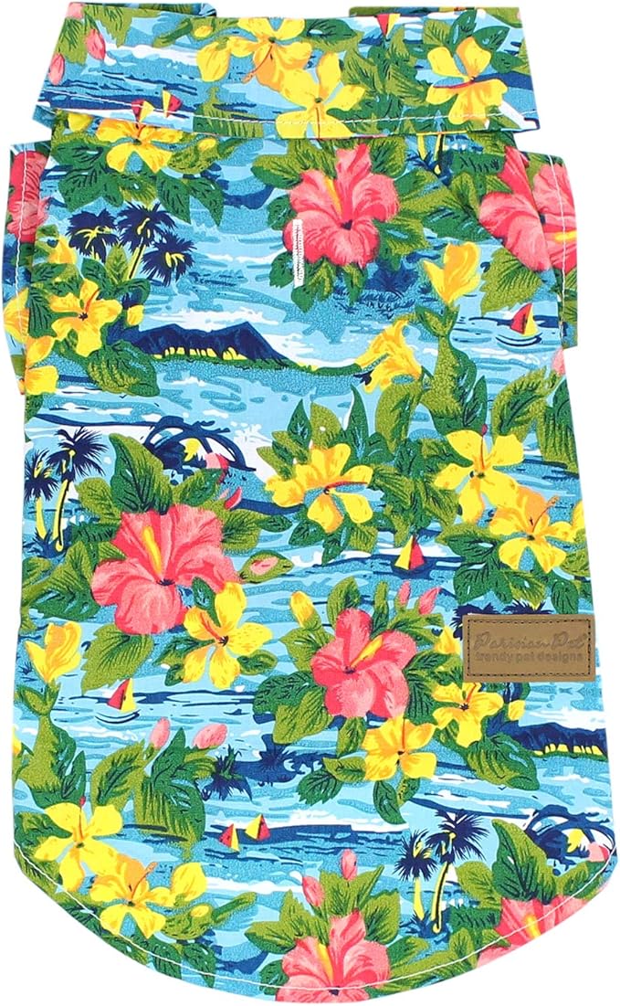 Parisian Pet Hawaiian Dog Shirt - Cotton Summer Clothes - Stylish Beach Outfit - Hook & Loop Closure - Machine Washable - Small Dogs