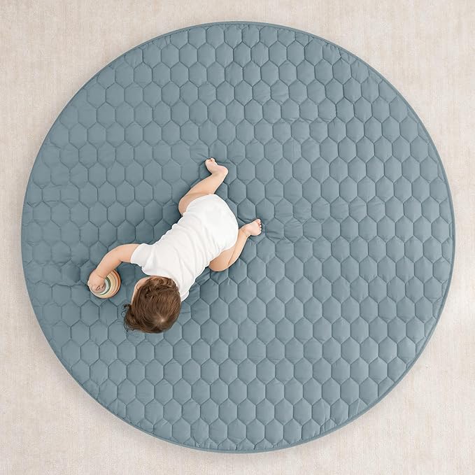 Comfy Cubs Round Kids Play Mat - Large 60 inches Soft Quilted Baby Floor Mat with Non-Slip Bottom - Plush Design for Toddlers' Playtime and Relaxation - Comfortable and Durable - Pacific Blue