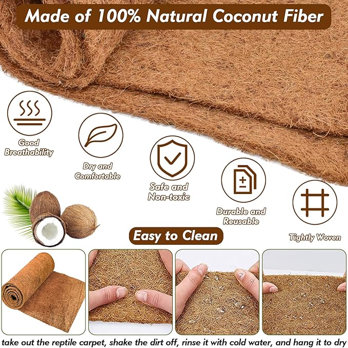 ZeeDix 3 Rolls Reptile Mat, 18 x 36 inches Natural Coconut Fiber Liner Mat Flooring Accessories for Reptile Tank - Bearded Dragon Tortoise Lizard Turtle Snake Leopard Gecko Substrate Bedding