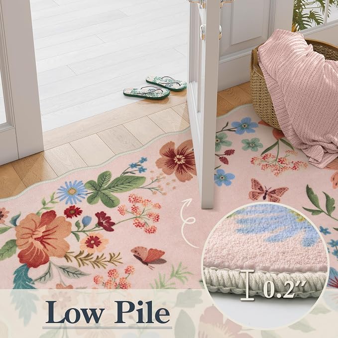 Lahome Floral Pink Rugs for Entryway, 2X3 Washable Kitchen Rug Non Slip