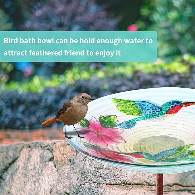 MUMTOP Glass Bird Bath, Garden Outdoor Birdbaths Birdfeeder with Metal Stake Hummingbird