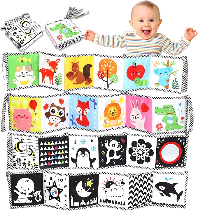 OKOOKO Black and White High Contrast Soft Baby Books 2PCS Washable Tummy Time Toy Crib Stroller Toy Montessori Sensory Toy Early Education for Newborn Baby Infant 0-6 6-12 Months