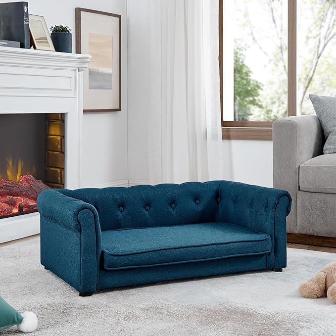 38.9" Elevated Dog Sofa with Button‑Tufted Backrest & Rolled Armrests, Pet Couch Bed with Removable Soft Cushion, Comfortable Upholstery Raised Dog Bed with Thick Padding for Living Room,Bedroom