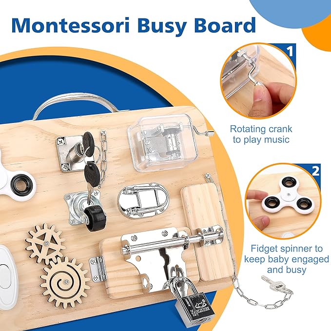 Wooden Montessori Toys Busy Board for 1 2 3 4 Year Old, Baby Toddler Sensory Toys, for Fine Motor Skills, for Autism ADHD