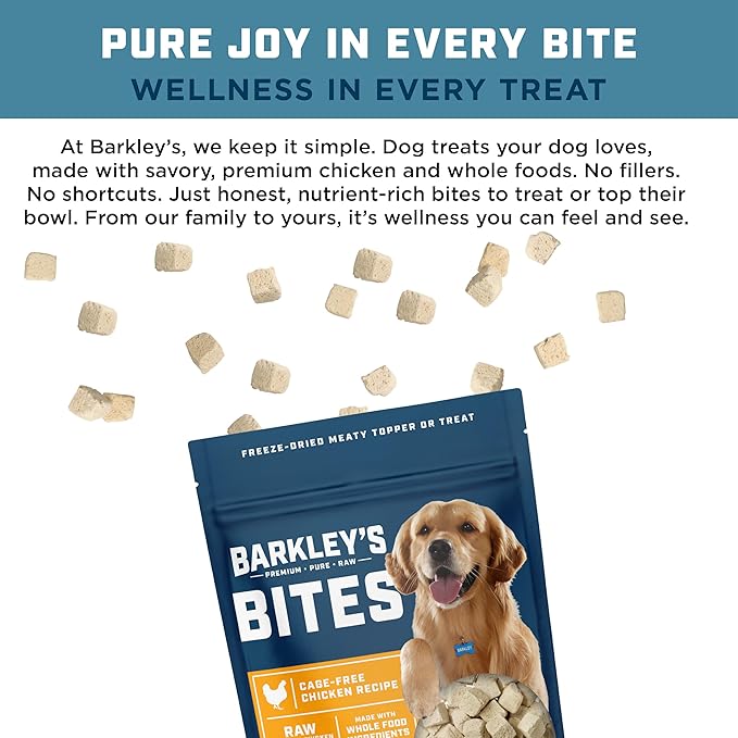 Barkley’s Bag Chicken Bites, Freeze Dried Dog Treats & Food Topper, Made with Chicken and Brown Rice, Small Bite-Sized Pieces for Training Rewards, for All Dog Breeds, Ages & Sizes, 4 Oz Bag (1 Pack)