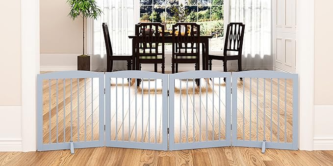 Freestanding Pet Gate for Dogs, Foldable Wooden Dog Gate for House, Indoor Dog Gate for Stair, Doorway, Gates for Dogs Indoor, 80 Inch Wide, 4 Panels 24", Grey