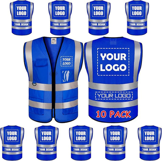 10 Pack Mesh Safety Vest Custom Logo Class2 High Visibility Reflective Vest with 5 Pockets Construction Security Work Vest ANSI/ISEA Standards（Blue，3XL ）