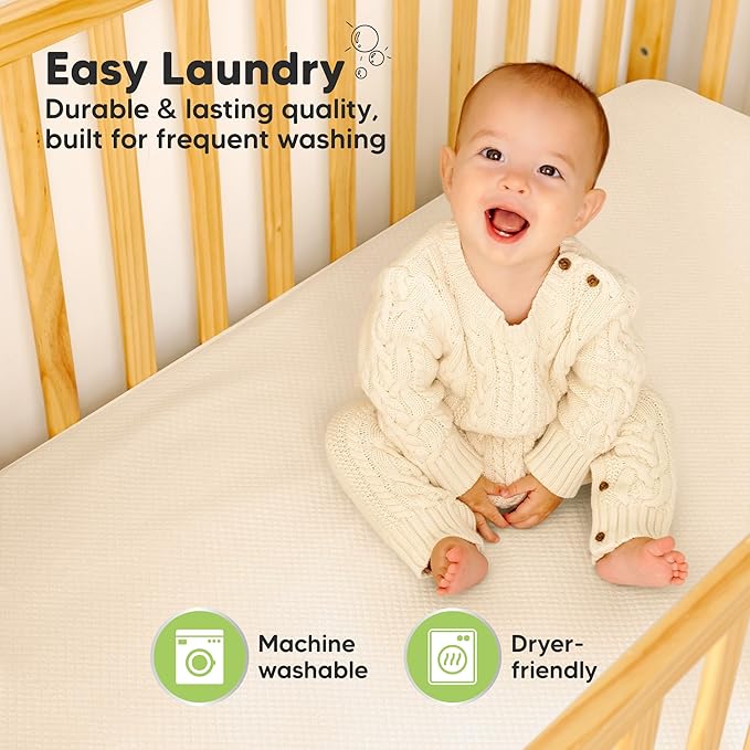 Waterproof Crib Mattress Protector Cover Fitted - 2-Pack Quiet Baby Crib Mattress Pad Sheets, 52" x 28" Soft Quilted Cotton Baby Sheet, Machine Washable, Easy Fit, Durable (Ecru/Quin)