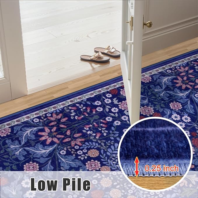 Area Rugs 9x12 Living Room: Floral Washable Rug Vintage Large Soft Boho Non-Slip Carpet Indoor Floor Stain Resistant Low Pile Carpets for Bedroom Dining Room Farmhouse Nursery Home Office Blue