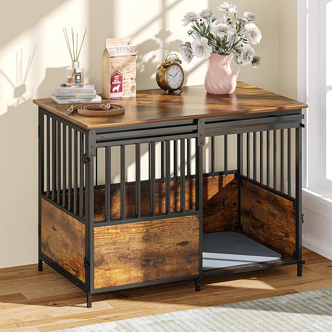 40 Inch Dog Crate Furniture with Cushion for Large Medium Dogs, Heavy Duty Dog Kennel with Double Doors, Decorative Indoor Pet Cage Side End Table with Sliding Door, Chew-Resistant, Brown