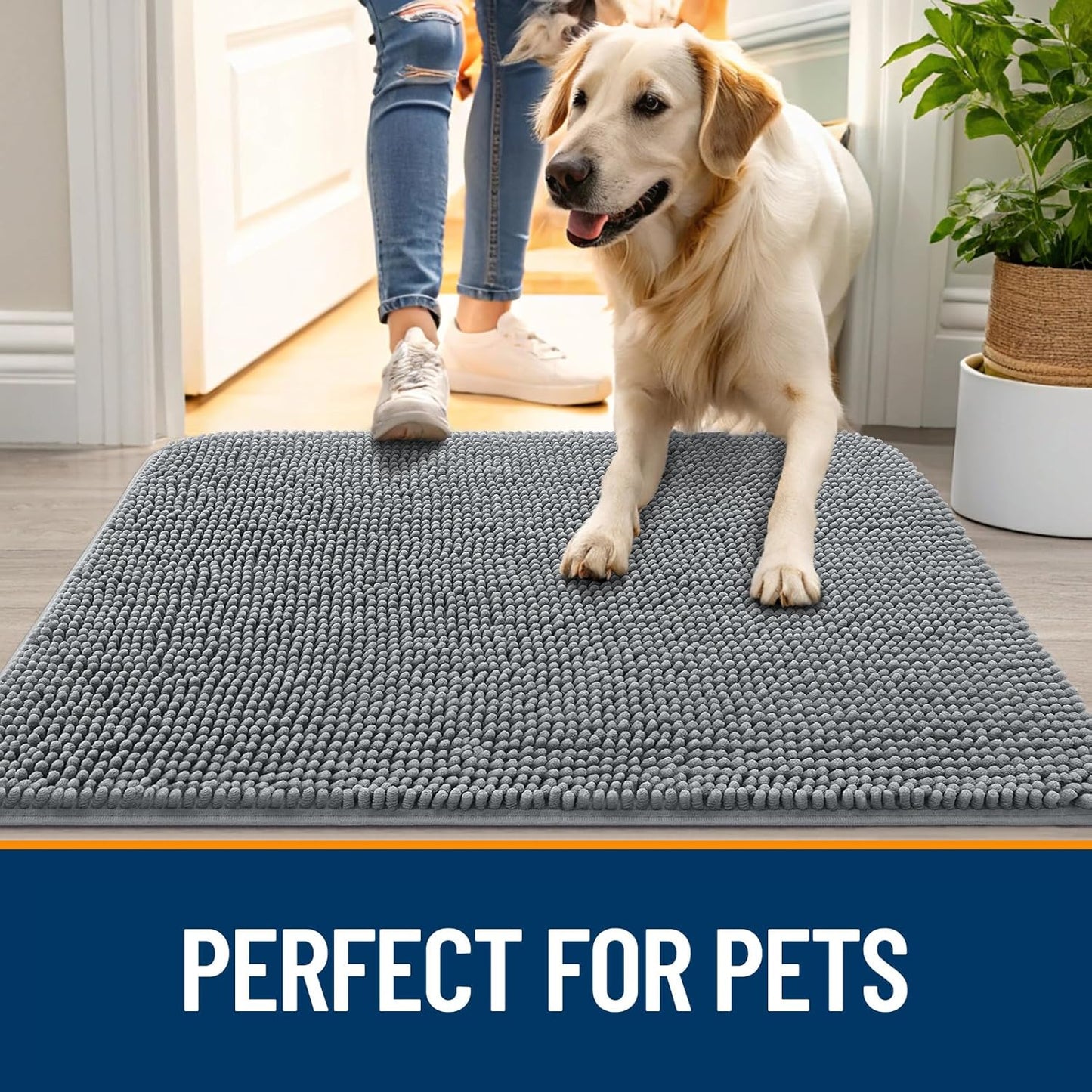 OLANLY Dog Door Mat for Muddy Paws 48x30, Absorbs Moisture and Dirt, Absorbent Non-Slip Washable Doormat, Quick Dry Chenille Mud Mat for Dogs, Entry Indoor Entryway Carpet for Inside Floor, Grey