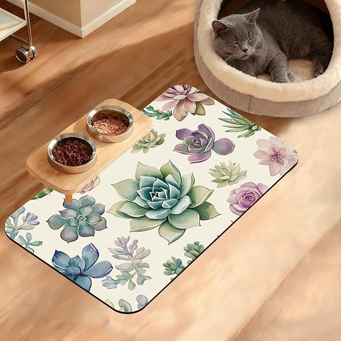 Dog Bowl Mat,Cactus Pet Feeding Mat for Floors Waterproof,Succulents Absorbent Dogs Placemat for Food and Water Quick Dry Pet Cat Feeding Mats with Non Slip Bottom 12" x 20"