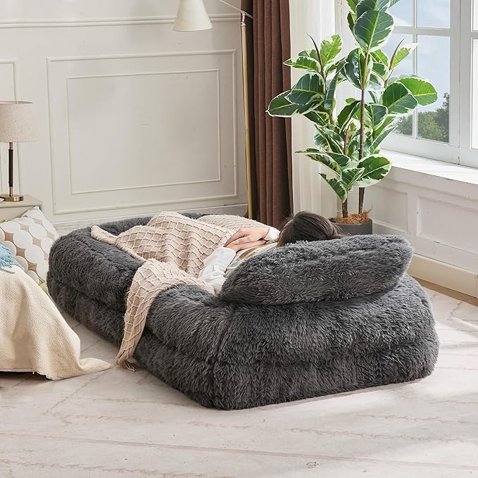 Dark Gray Foldable Human Dog Bed - 69"x35"x12" Fits You & Pets with Comfy Pillow, Washable Faux Fur, Oversized Lounger Lazy Sofa Beds with 5 Adjustable Position