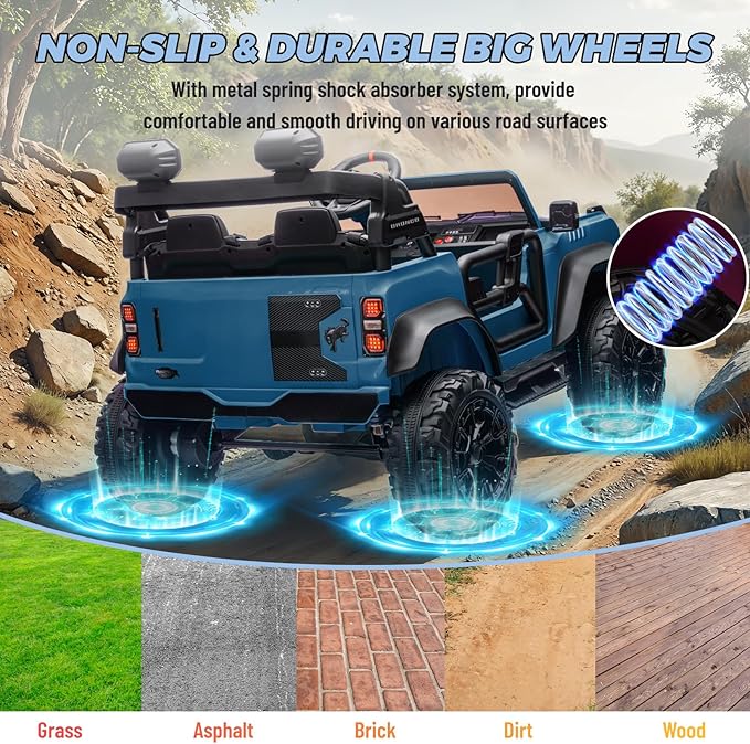 ENYOPRO 2 Seater Ride On Car for Kids, 24v Licensed Ford Bronco Raptor Electric Power Ride On Truck Toy with Remote Control, 4 Wheels Shock Absorption, Soft Start, Bluetooth, Radio, 3 Speed - Blue