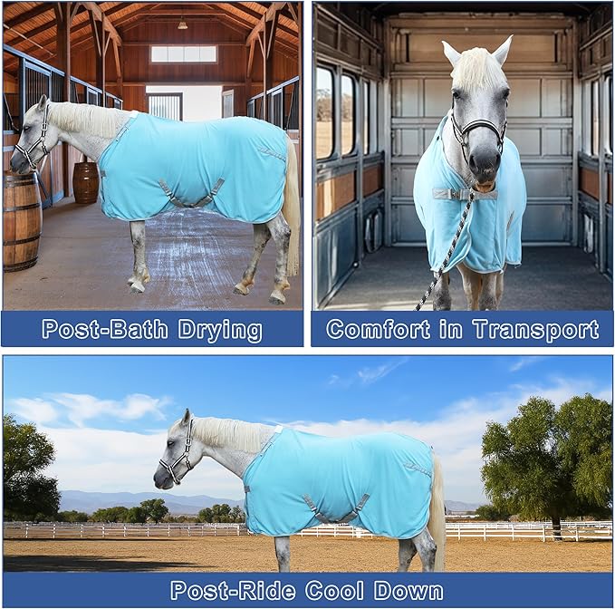 Horse Fleece Cooler, Blanket Liner - 300g Anti-Pilling Fleece, Moisture-Wicking, Cooling & Drying for Post-Workout, Bath & Travel, Prevent Overheating & Chilling Lightblue 78