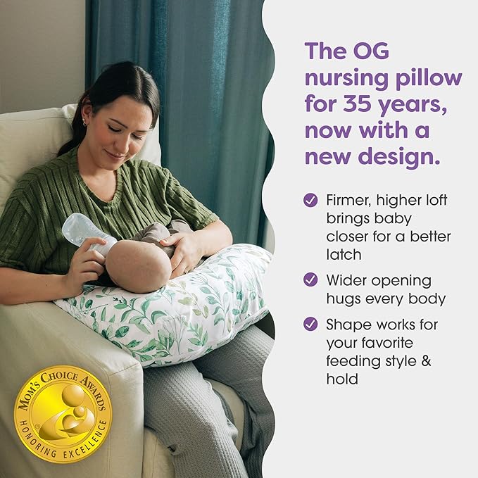 Boppy Nursing Pillow - Ergonomic Bottle & Breastfeeding Pillow with High, Firm, Large Area, Water-Repellent Cushion with Washable Cover; Baby Safety Alliance Verified - Sage Green Leaf