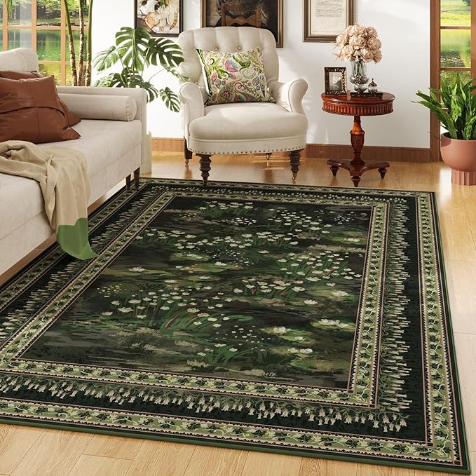 Area Rugs 8x10 Clearance Impressionist-Style Vintage Washable Area Rug Non Slip Low Pile Large Rug for Bedroom Farmhouse Dining Room Kids Playroom, Green