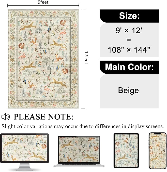 DUKINO 9x12 Rug, Washable Animal Living Room Rug