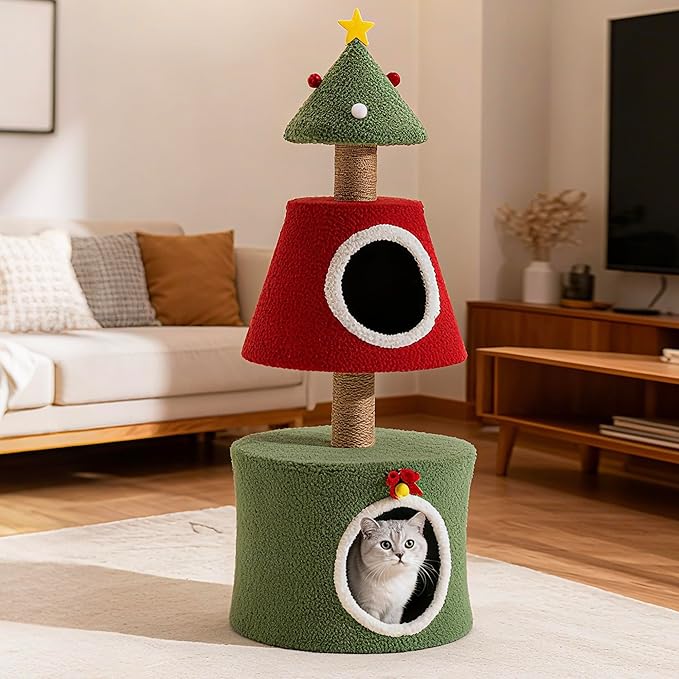 COSIEST 40in Tall Christmas Cat Tree Tower for Cats, Multi-Level Cat Tree House with Sisal Scratching Posts, Unique Kitty Condo & Kittens Play Activity Center for Christmas Decor, Red & Green