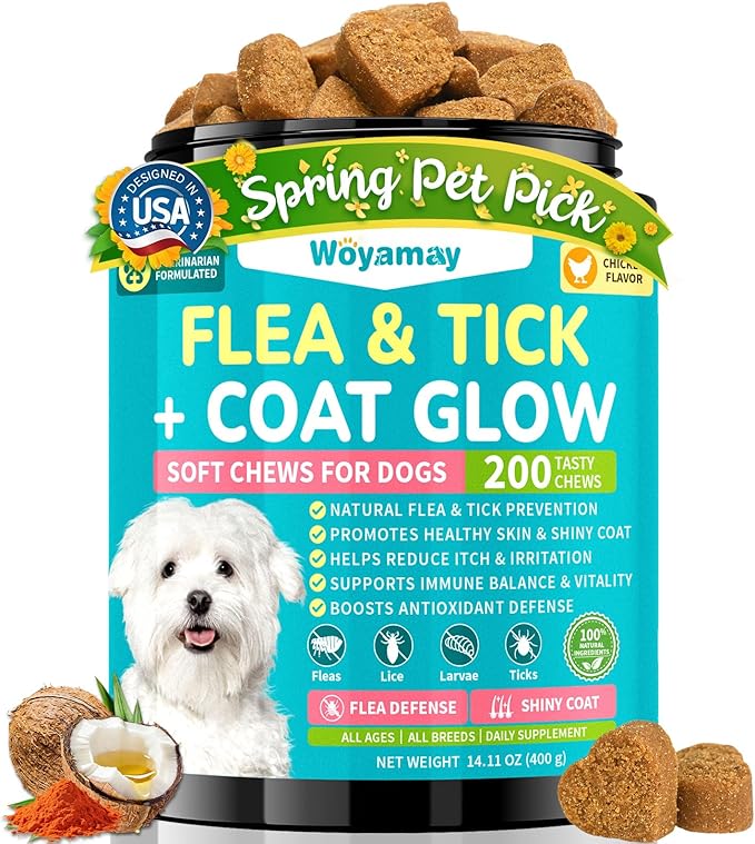 Flea + Coat Glow Soft Chews, Natural Flea and Tick Prevention for Dogs, Dog Flea and Tick Treatment Chewable, Reduces Itch & Shedding with Fish Oil & Neem, Chicken Flavor