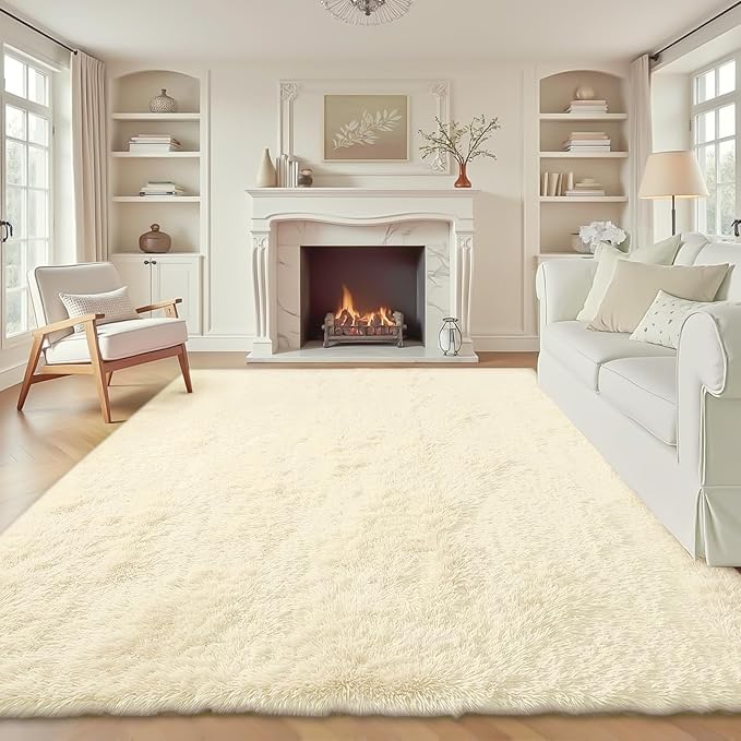 6x9 Area Rug for Living Room: Fluffy Shag Soft Washable Rugs Large Fuzzy Plush Indoor Carpet for Bedroom Nursery Playroom Kids Girls Boys Room (Cream White, 6'x9')