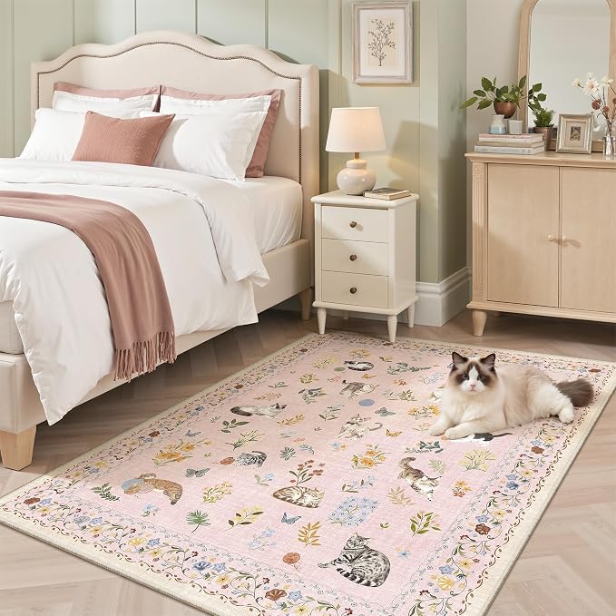 Soalmost Cat 4x6 Area Rugs for Baby Girl Nursery, Machine Washable Animal