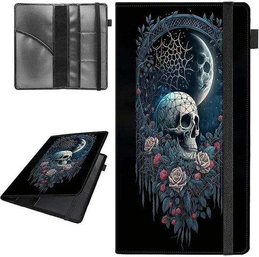 Car Registration and Insurance Holder,Leather Vehicle Glove Box Organizer Wallet for Document,Perfect for any Car,Truck,Motorcycle,Driver License,Trailer or Boat,Men & Women,Skull Roses Floral Moon