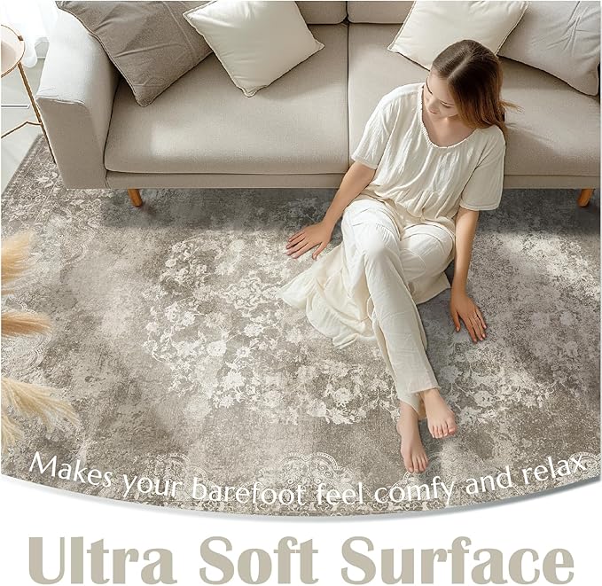 jinchan Washable Area Rug 6x9 for Living Room - Soft Faux Wool Ultra-Thin Stain Resistant Non-Slip Distressed Vintage Floral Large Carpet for Bedroom,Dining Room,Home Office,Nursery(Brown, 6'x9')