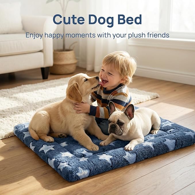 Dog Bed Mat - Reversible Dog Crate Bed Mats, Soft & Breathable Kennel Pad, Durable Crate Bed for Small Dogs & Cats (Navy&Stars, L(35"*23"*1.2"))