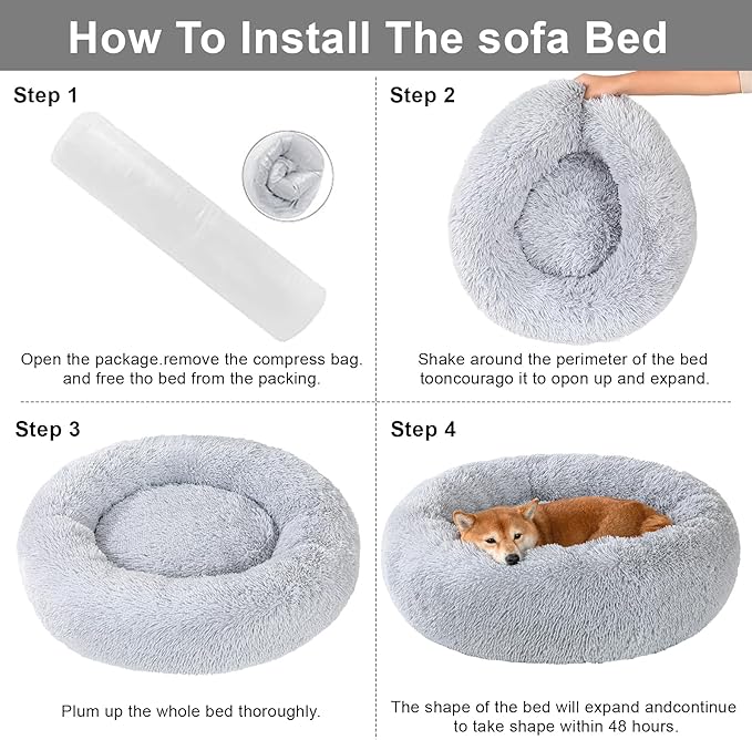 Dog Calming Beds for Small Medium Large Dogs - Round Donut Washable Dog Bed, Anti-Slip Faux Fur Fluffy Donut Cuddler Anxiety Cat Bed(36" Light Gray)