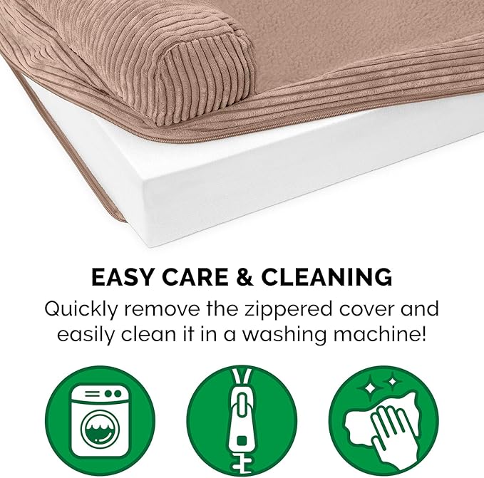 Furhaven Orthopedic Dog Bed for Large Dogs w/ Removable Bolster & Washable Cover, For Dogs Up to 125 lbs - Fleece & Corduroy Bolster Chaise - Sandstone, Jumbo Plus/XXL