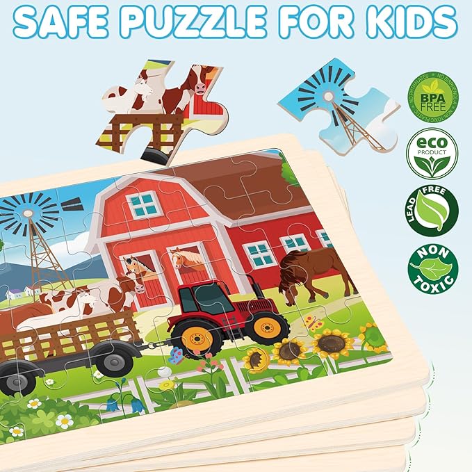Wooden Farm Puzzles for Kids Age 3 4 5 Year Old, 4 Pack 24 Pcs Montessori Toddler Jigsaw Puzzles for Girl boy Activities Preschool Learning Educational Birthday Gift