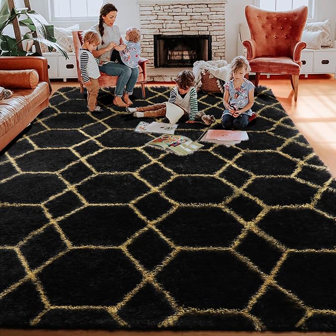 ONASAR Area Rugs for Bedroom Living Room, Washable 4x6 Fluffy Black and Gold Throw Rug, Shaggy Geometric Floor Mat for Home Decor, Soft Plush Carpet for Kids Teen Playroom Dorm Classroom Office
