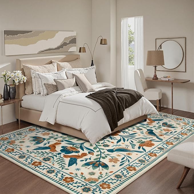 Moynesa Boho Birds Area Rug 5x7 Washable Rug, Floral Carpet for Living Room Low-Pile Soft Bedroom Rugs, Jungle Animal Beige Dining Room Rug Indoor Non-Slip Floor Carpet for Playroom