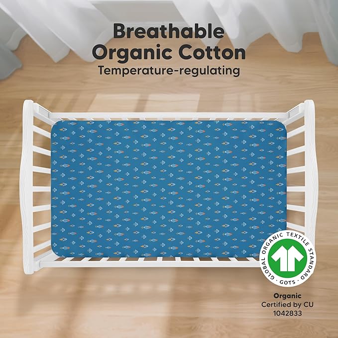 KeaBabies 2-Pack Organic Crib Sheets for Boys, Girls - 52x28 Fitted Crib Mattress Sheet Neutral, Breathable Jersey Cotton Cover for Baby Bed, Toddler Mattress, Soft & Cute Prints (Space Quest)