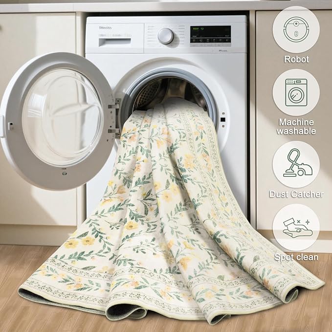 Runner Rug for Entryway: 2x6 Kitchen Rugs Non Slip Washable Ultra-Thin Soft Floral Carpet Indoor Floor Stain Resistant Carpets for Hallway Bedroom Kitchen Laundry Bathroom Dorm Beige/Multi