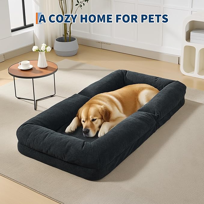 GarveeHome Human Dog Bed for Adult, Comfy Lazy Sofa Bed with 2 Pillows & 5 Adjustable Position, Chenille Upholstered Lounge Chair for Living Room Bedroom Black