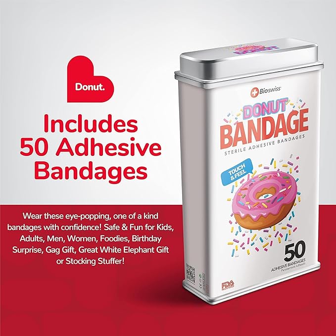BioSwiss Bandages, Donut Shaped Self Adhesive Bandage, Latex Free Sterile Wound Care, Fun First Aid Kit Supplies for Kids, 50 Count