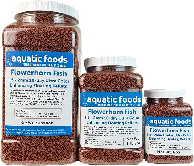 Aquatic Foods Inc. Flowerhorn Fish Ultra Red Color Enhancing 1.5mm-2mm Floating Pellets. Color Enhancing in 10-Days for Baby, Juvenile and Adult Flowerhorn…3-lbs 8oz Large Jar