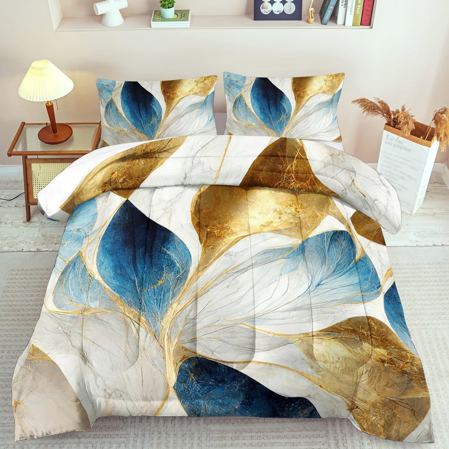 Vintage Floral Comforter Set Full Size Women,Marble Flower Bedding Set Full,Marble Blue Flower Bed Comforter,Blue and Gold Floral Quilt Bedroom Decor for Kids and Adults