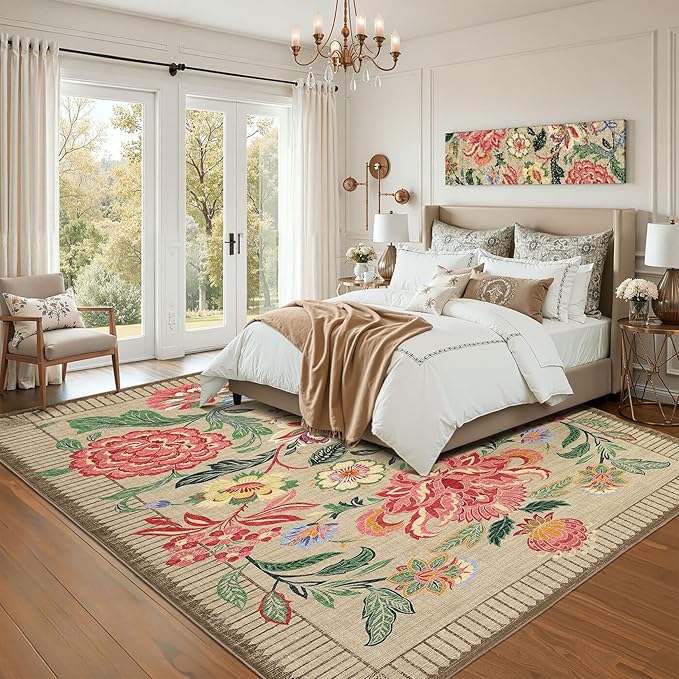 GarveeHome Floral Botanical Washable 9x12 Area Rug for Living Room Soft Camel Taupe Brown Vintage Boho Cottage Large Rugs Low Pile Carpet for Bedroom Dining Nursery Rug