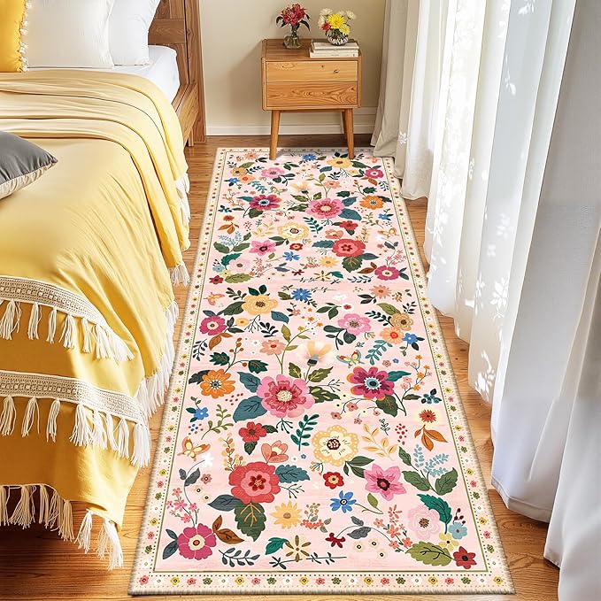 Floral 2x10 Area Rug Machine Washable Soft Print Boho Carpet Non Slip Doormat Low Pile Flower Area Rugs for Living Room Bedroom Nursery Kitchen Dining Room Indoor-Pink
