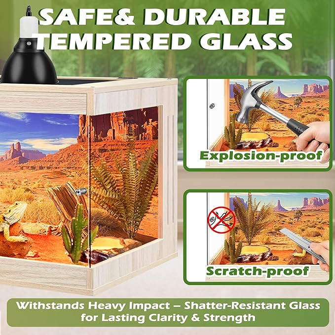 Royxen Bearded Dragon Tank, Tempered Glass Reptile Terrarium with Metal Mesh Top, 3-Side Clear Anti-Scratch Glass Lizard Tank for Reptile Habitat (Oak, 82 Gallons,48" Length)