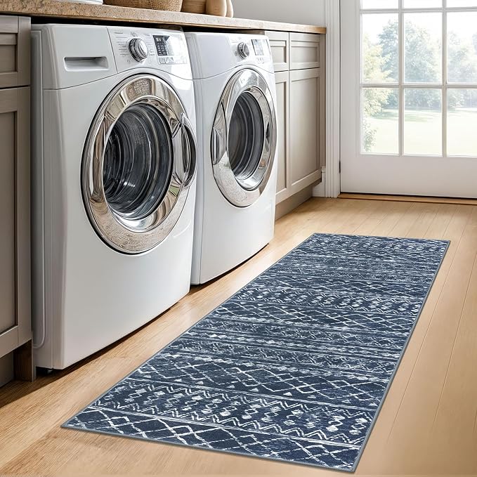 KUTA Boho Kitchen Rugs 2x5 ft Navy Blue Moroccan Washable Runner Rug Non-Slip